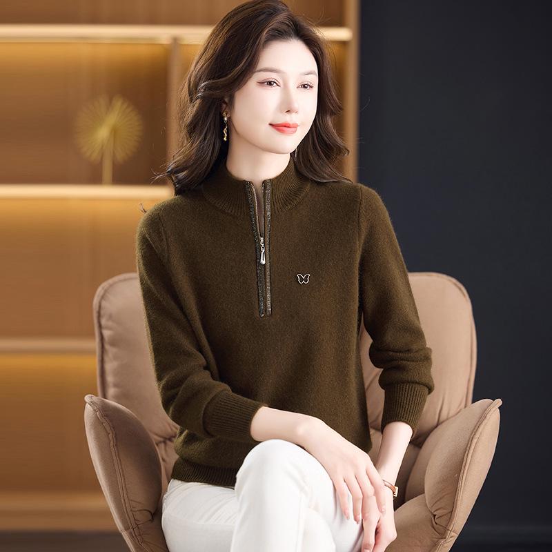 Women's Pure Wool Half-Zip Sweater - Stylish Winter Base Layer for Middle-Aged and Elderly