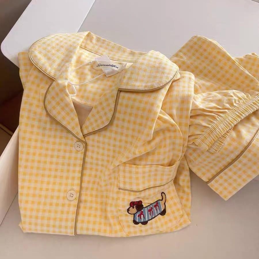 

Yellow plaid ins wind sausage puppy pajamas women s summer short-sleeved shorts cardigan set can be worn outside loungewear XXL