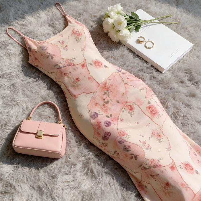 

New products in spring and summer, sister, spring and summer romantic atmosphere splicing printing elastic mesh yarn suspender dress tide S
