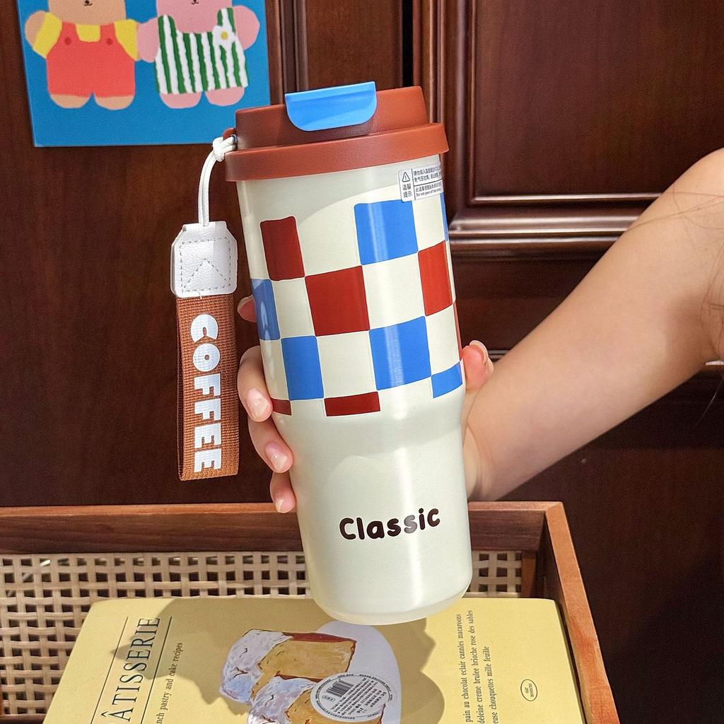 One cover double drink stainless steel thermos cup female high value large capacity portable ice cup cartoon cute water cup