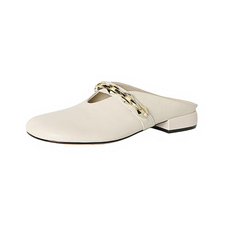 Fashion Women's New Summer Genuine Leather Cowhide Metal Belt Buckle, Low Heel and Toe Wrapped M Ü Ller Slippers