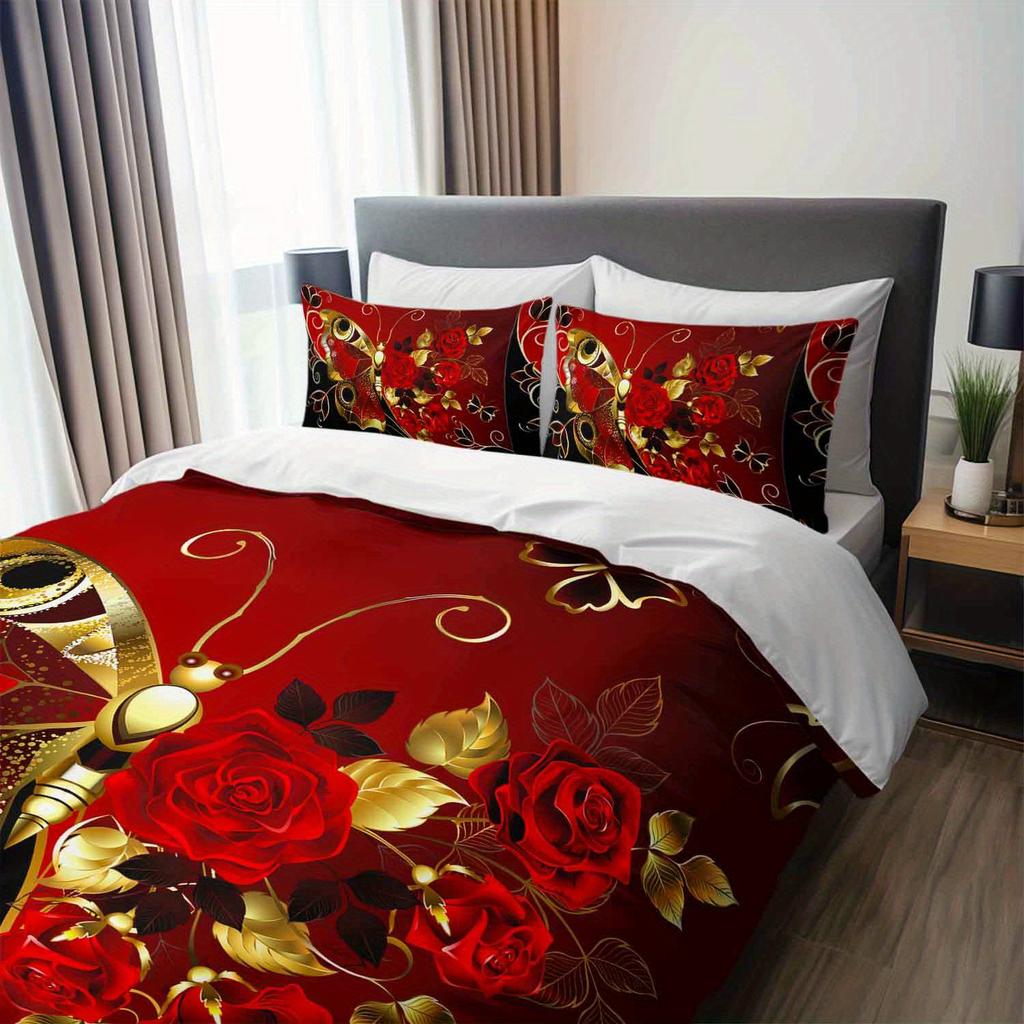 3Pcs Red Rose Golden Butterfly Bedding Set Luxury Butterfly Duvet Cover Set Romantic Themed Quilt Cover Set Elegant Design