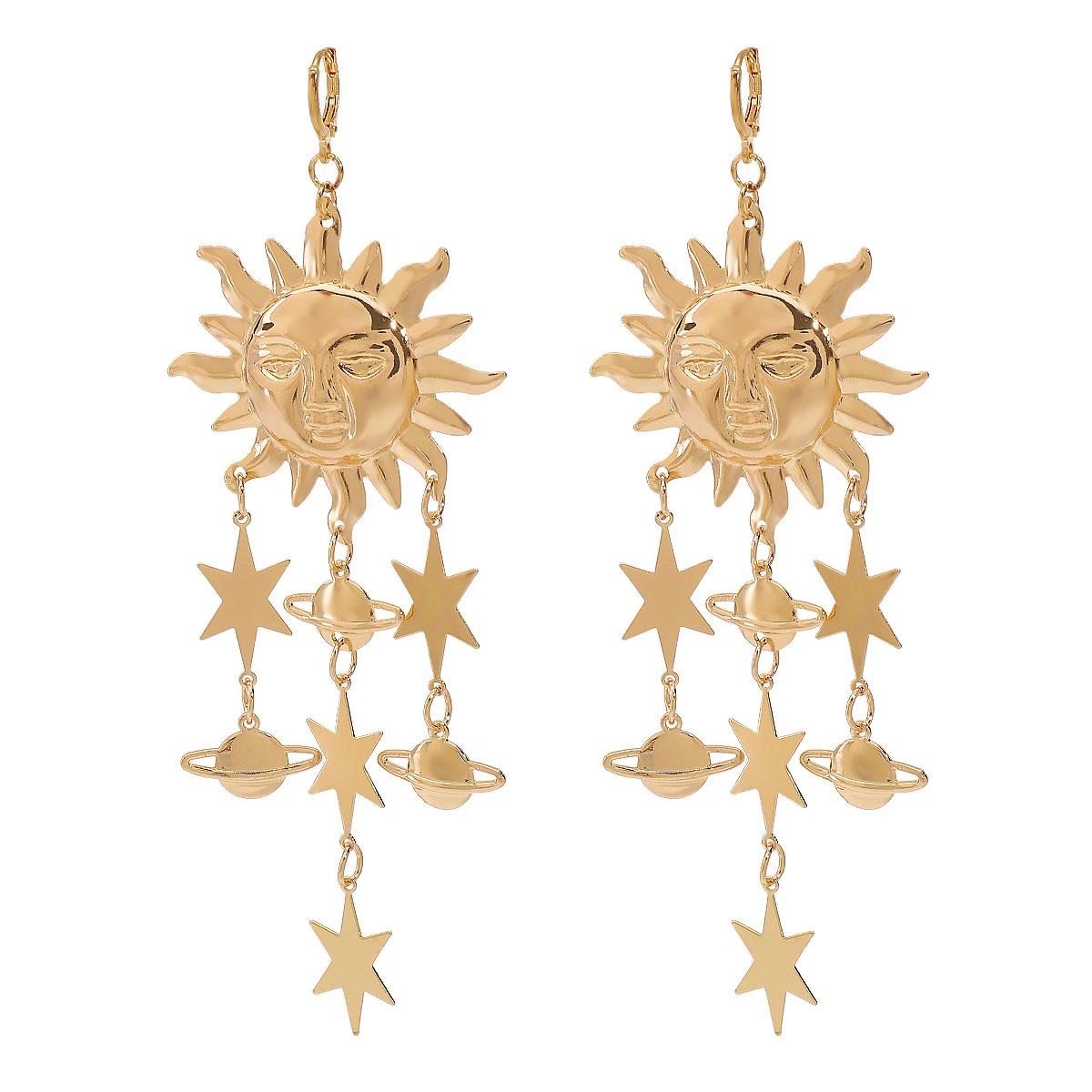

Women European American Fashion Creative Moon Star Tassel Earrings Retro Exaggerated Sun Universe Metal Ear Jewelry