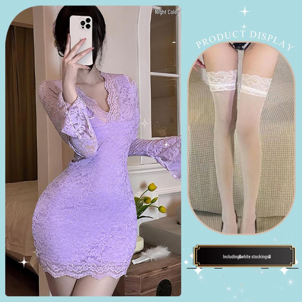 Jin Xiao Sexy French Lace Bell Sleeve Purple Dress with Slimming Waist and Hip-Hugging Design.