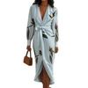Printed dress women's spring and summer long-sleeved dress new fashion lace-up deep v-neck medium and long dress