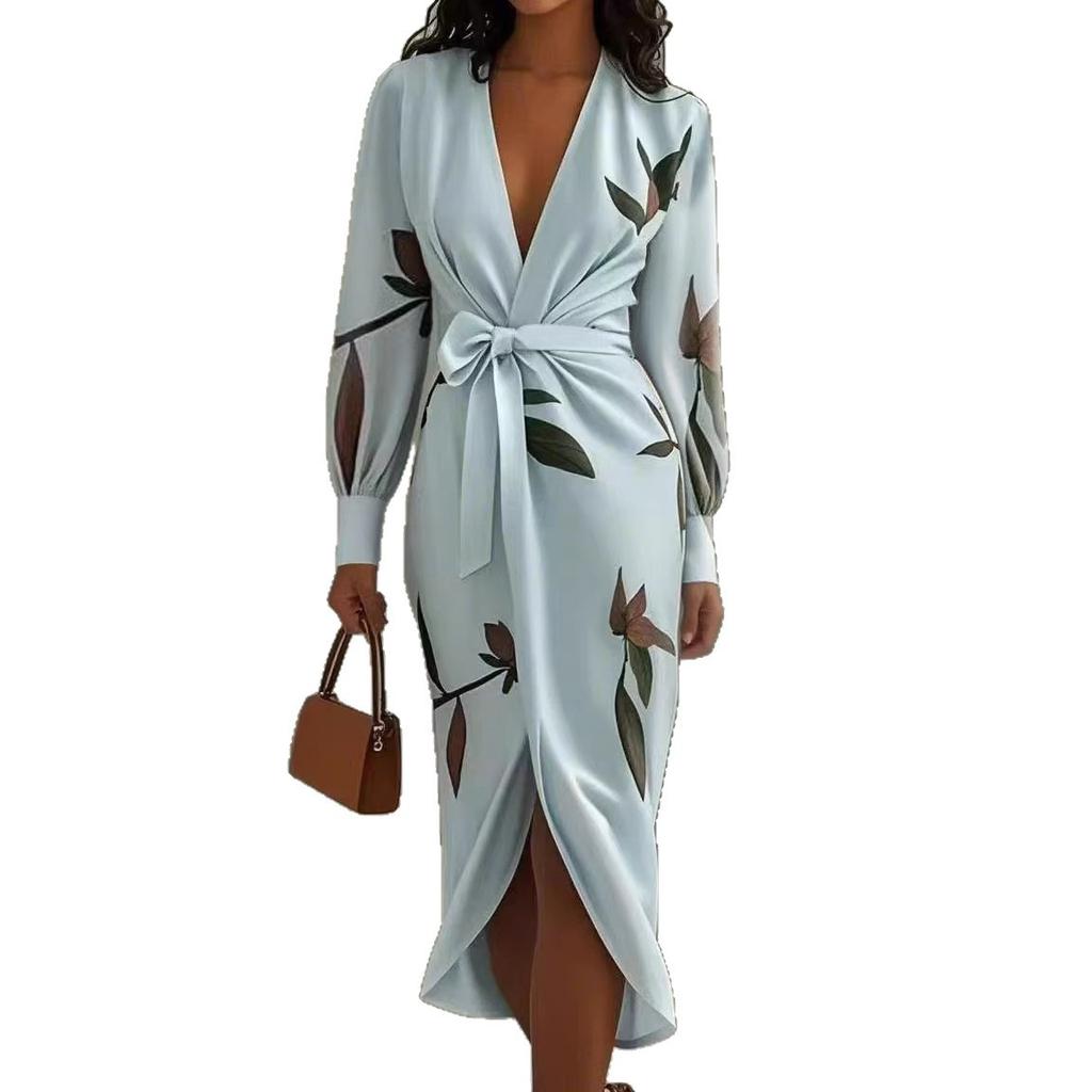 Printed dress women's spring and summer long-sleeved dress new fashion lace-up deep v-neck medium and long dress