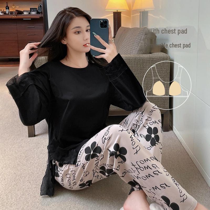 Women's Pure Cotton Long-Sleeve Pajama Set with Chest Pads - Large Size, Spring/Autumn 2025
