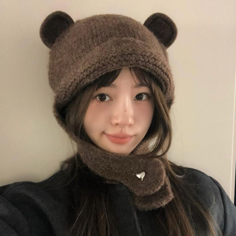 Cute Bear Ears Red Knitted Autumn and Winter Wool Hat Women's Warm Ear Protection Hat Showing Face Small Winter Headhat