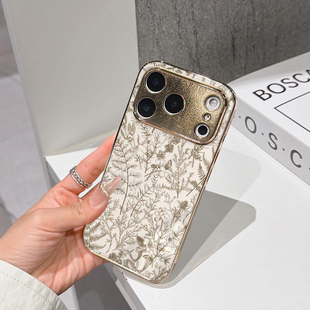 LUCKYSTART Shockproof Cute Case Phone Case For iPhone 17 16 15 14 13 12 11 Pro Max 16E Gold Electroplated glass shell Beige Garden Cover IPHONE16PRO