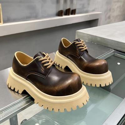 Mocassins Derby de Couro de Salto Grosso, Cabeça Pequena Redonda, de Amarrar, com Sola Plataforma, Estilo Britânico Cabeçudo Unissex