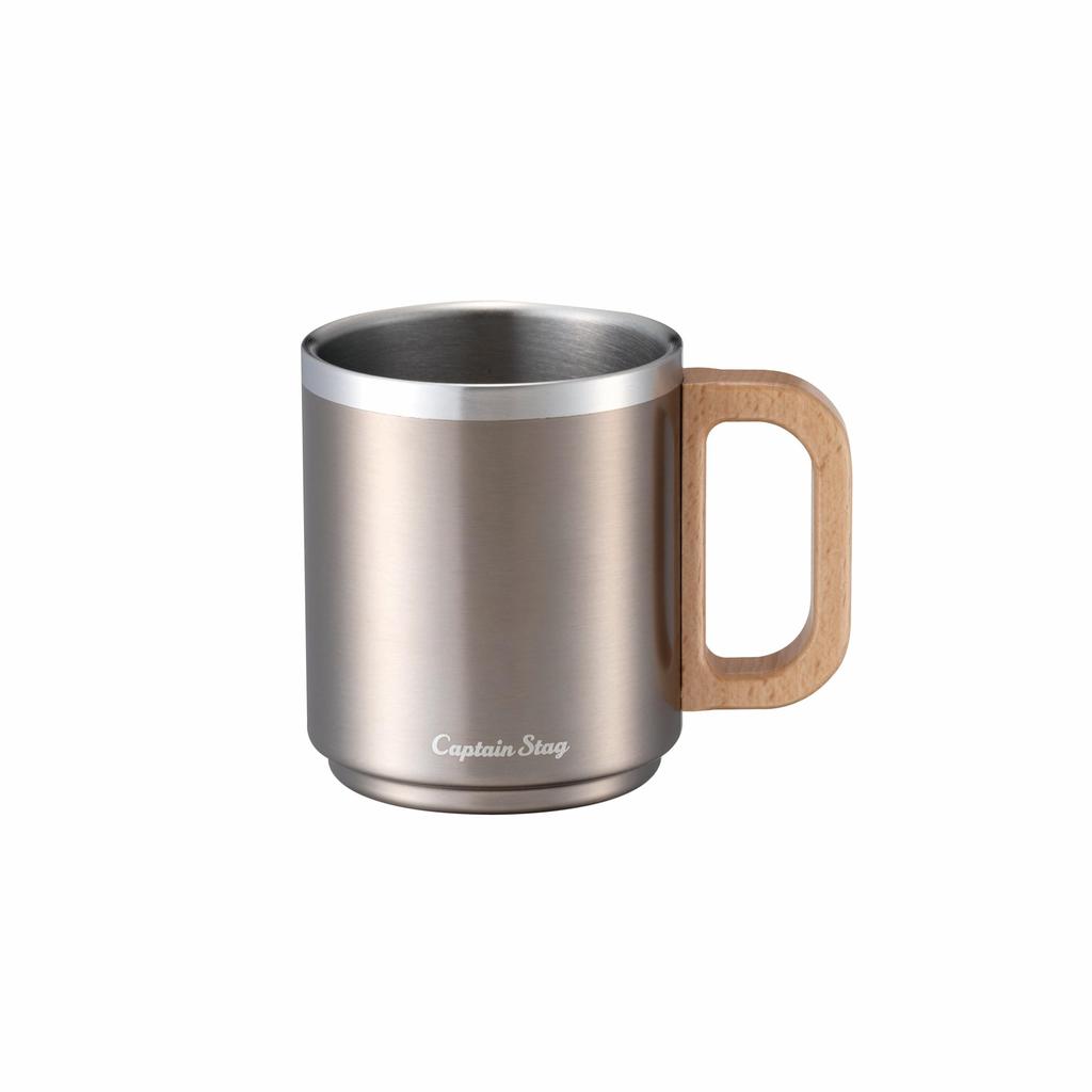 CAPTAIN STAG Outdoor Stainless Steel Wooden Light CS Charmant Double-Walled Mug, 330ml, Handle, Beige, UH-2033
