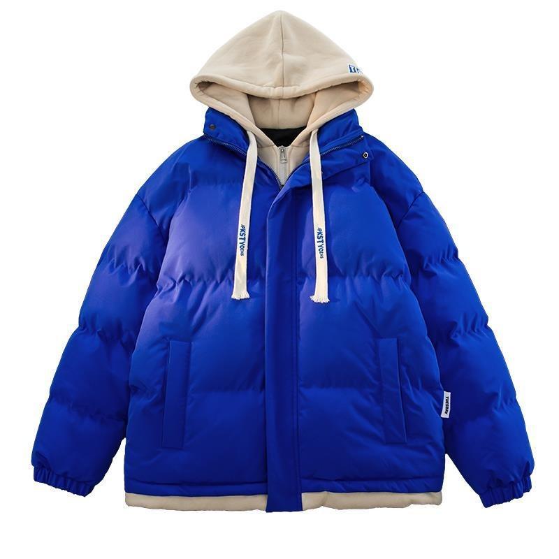 Winter new fake two-piece hooded cotton-padded jacket men's short loose thickened cotton-padded jacket winter bread-padded jacket