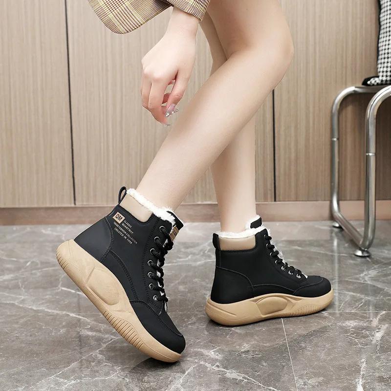 Fashion Winter Cotton Boots for Women Cotton Shoes High Top Women Plush Warm Student Ankle Boots Lace Up Height Increasing Booties