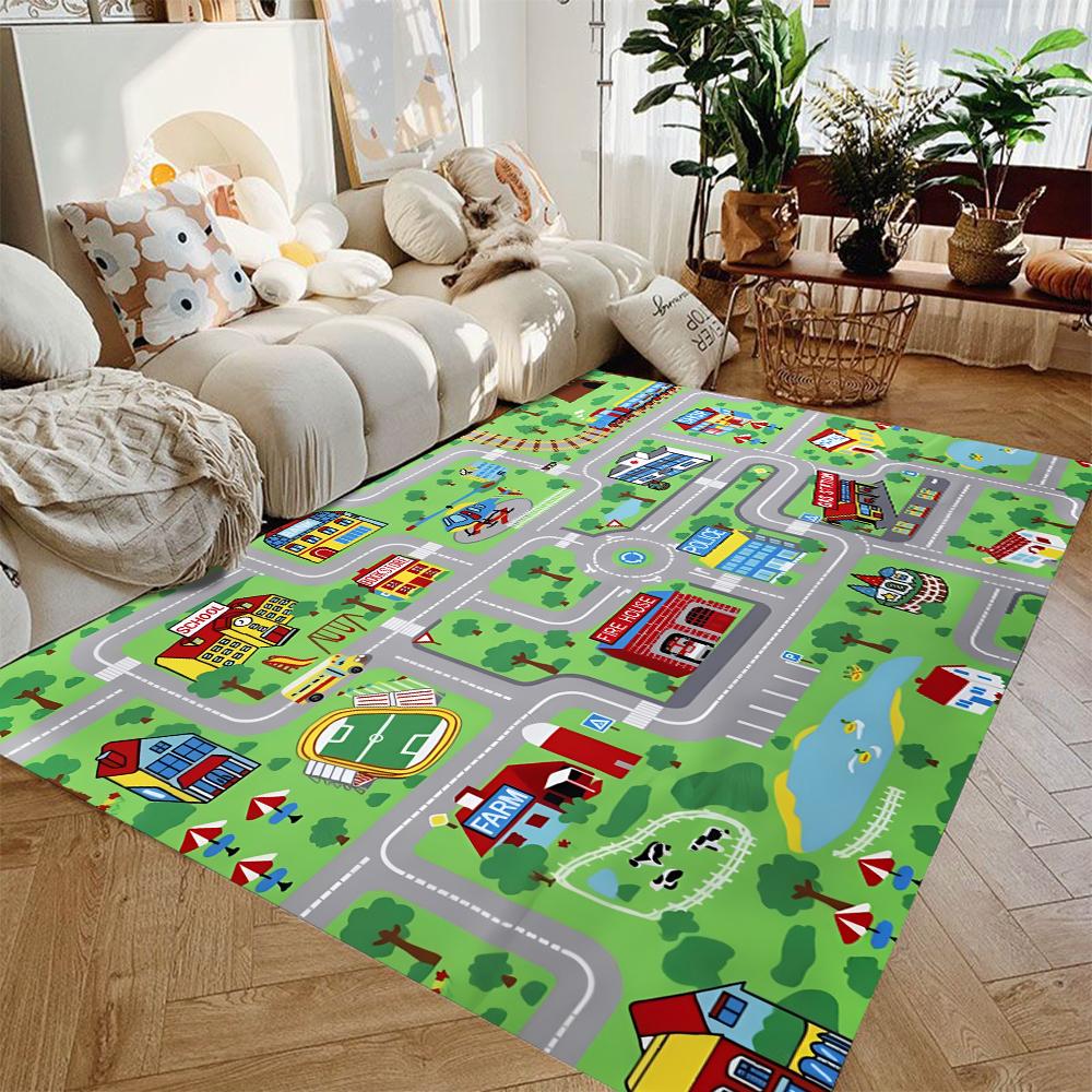 Interactive City Traffic System Kids Rug Educational Road Play Carpet Safe Learning Mat for Childrens Bedroom Living Room