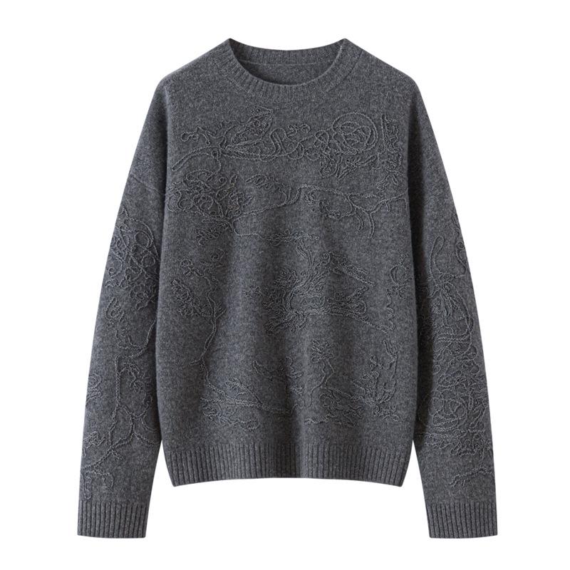 Women's Jacquard Design Wool Sweater: French Autumn/Winter Slimming Round Neck Long Sleeve Pullover.