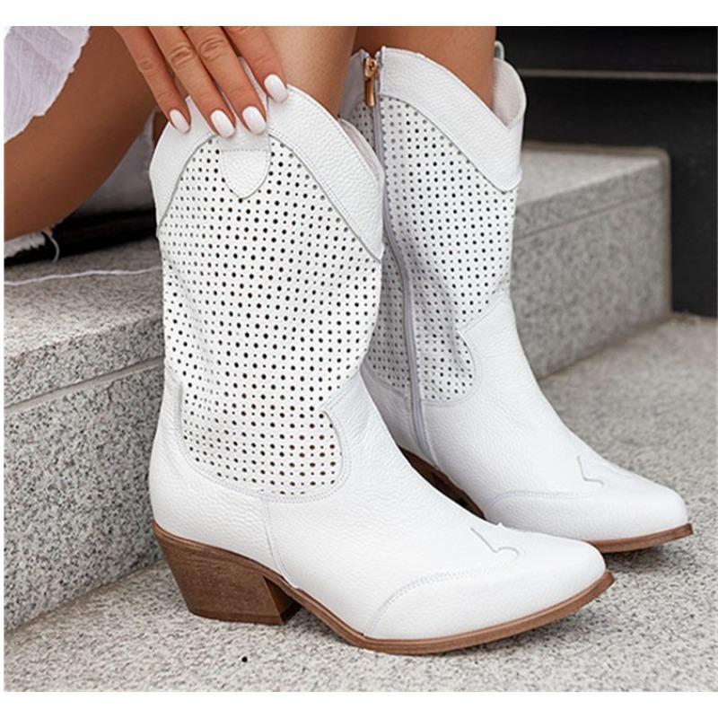 Fashion White Western Cowboy Boot Suede Long Boots Soft Platform Boots Side Zipper Women Solid Color Chelsea Boot Botas Mujer