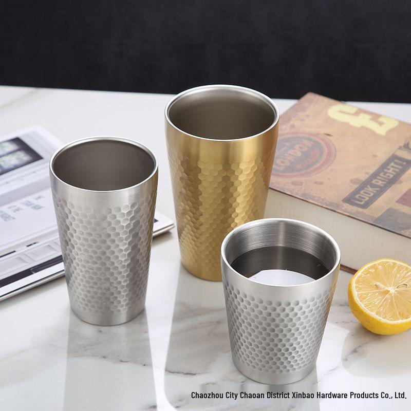 Golden Diamond Honeycomb 304 Stainless Steel Double-Layer Cup - Hammered Design, Anti-Scald. Perfect for Juice, Beer, and Tea.