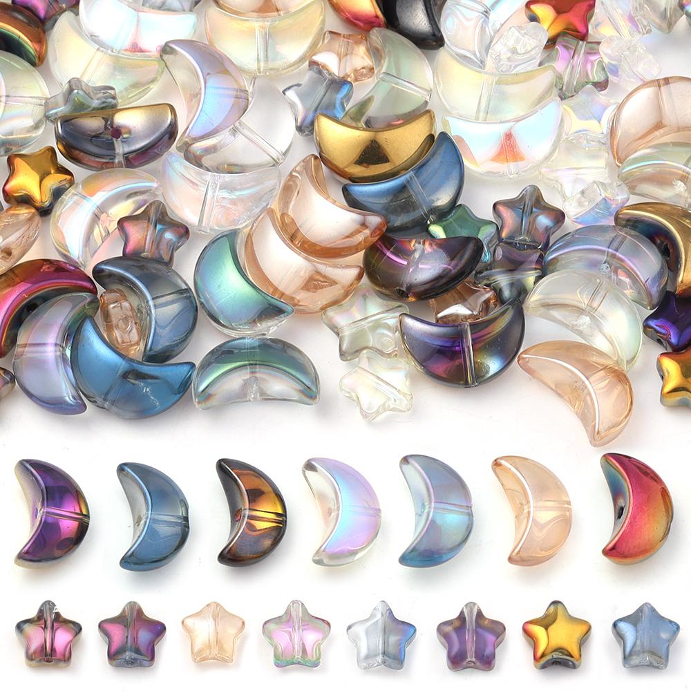 50Pcs Colored Crystal Glass Beads Mixed Star Moon Loose Pendant Beads For DIY Crafts Jewelry Handmade Earring Necklace Accessory
