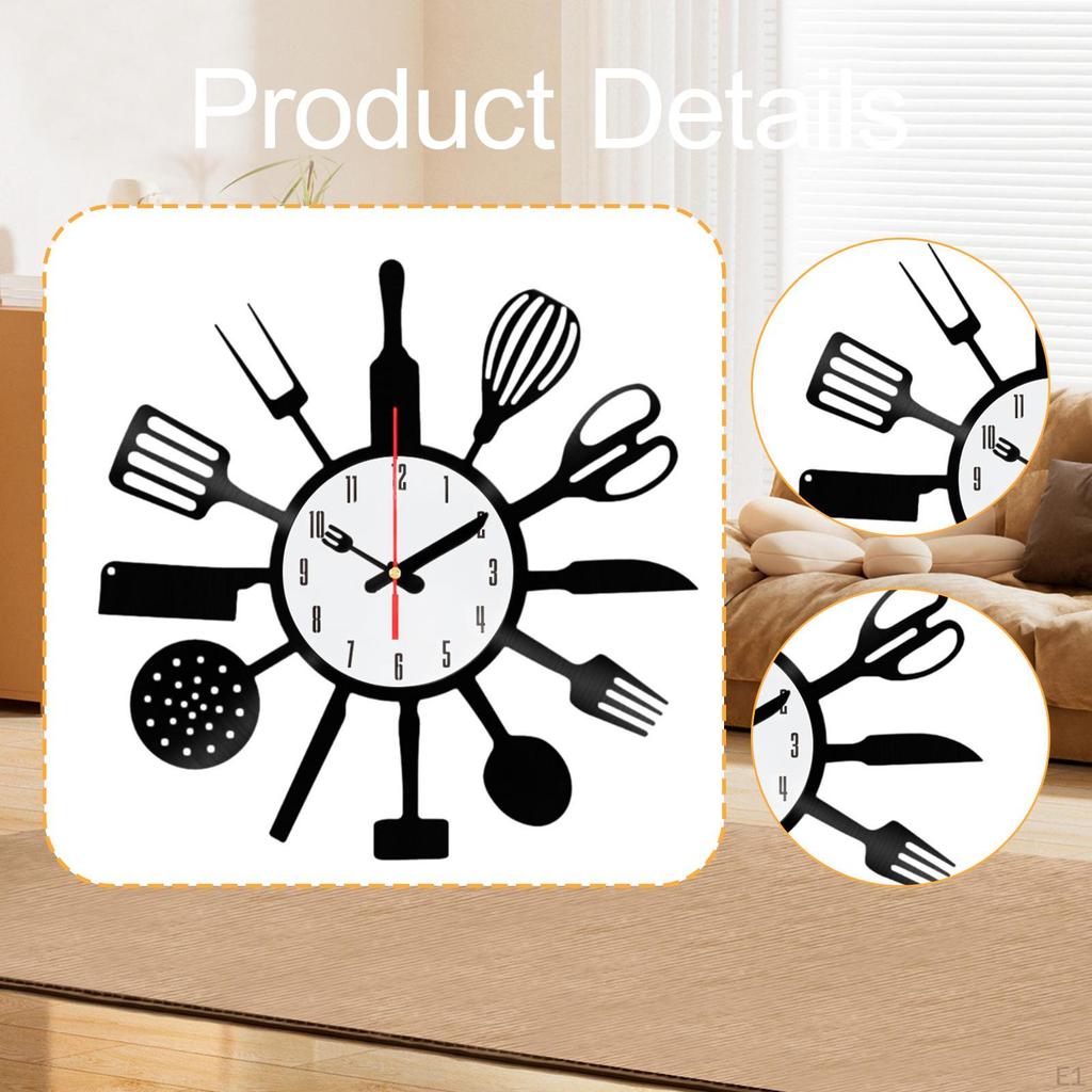 Acrylic Kitchen Wall Clock with Decorative Utensils, Silent Mechanism And Easy-to-Read Numbers,