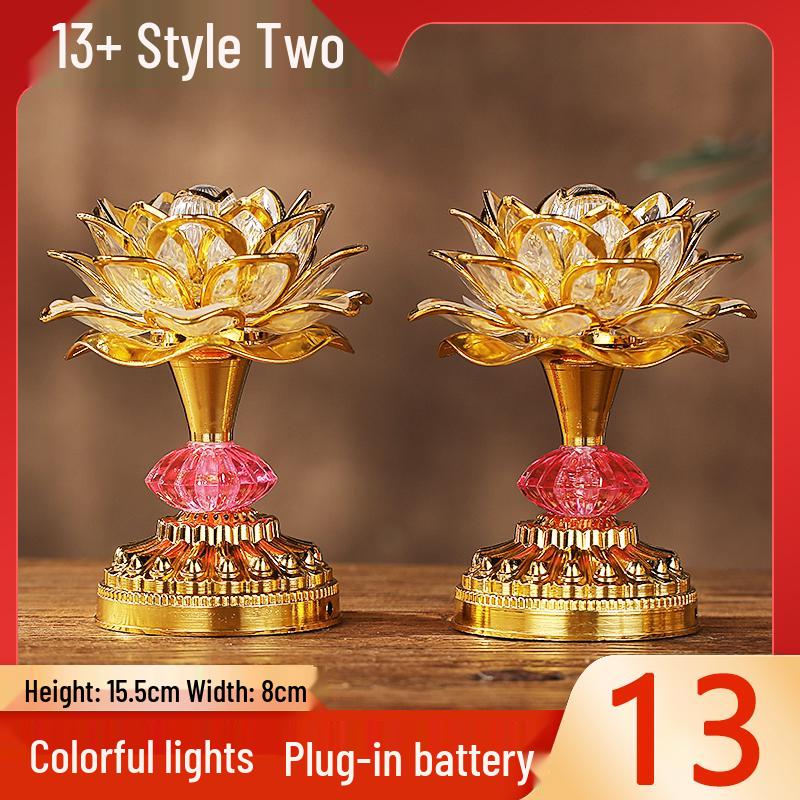 Seven-Color LED Rechargeable Buddha Offering Lamp - Lotus Design for Home and Guanyin Devotion.