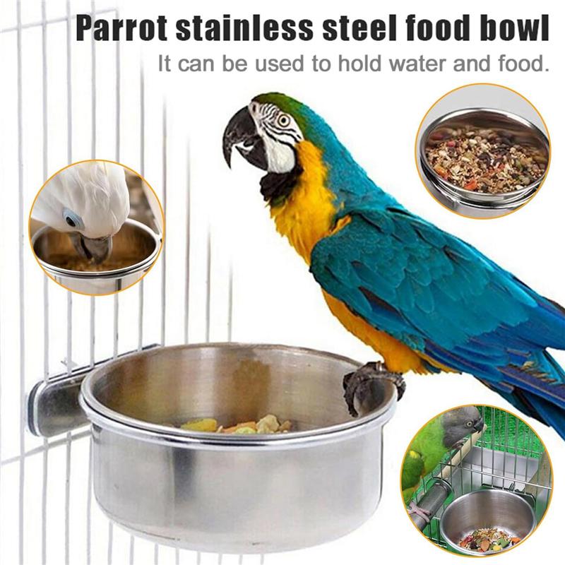 T02C!6 Pieces Stainless Steel Bird Feeding Dish Cups Parrot Feeder Parakeet Food Water Bowls With Clamp Holder & Bird Spoon