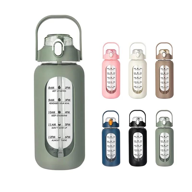 2024 New 946ml/1656ml/1892ml Glass Bottle With Silicone Straw Sleeve And Time Marker Camping Home Office Gym Glass Water Bottle