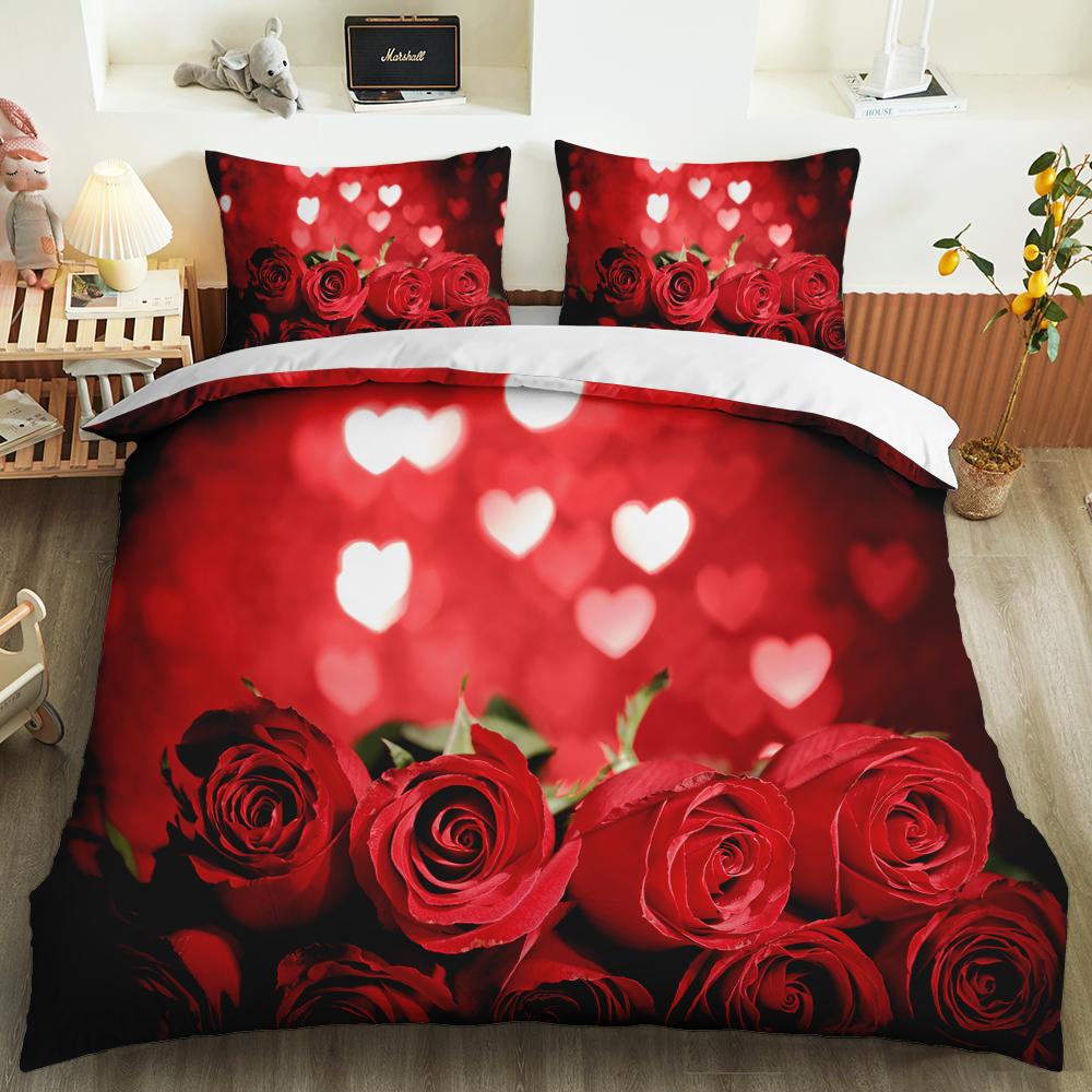 Red Rose Duvet Cover Set Full Size Microfiber Red Flower Quilt Cover For Valentine's Day Mother's Day Wedding Soft Bedding Set