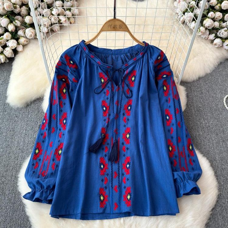 Summer Vintage Women Blouse Embroidered Puff Sleeve Color Block Ethnic Style Camisa Feminina Casual Tops