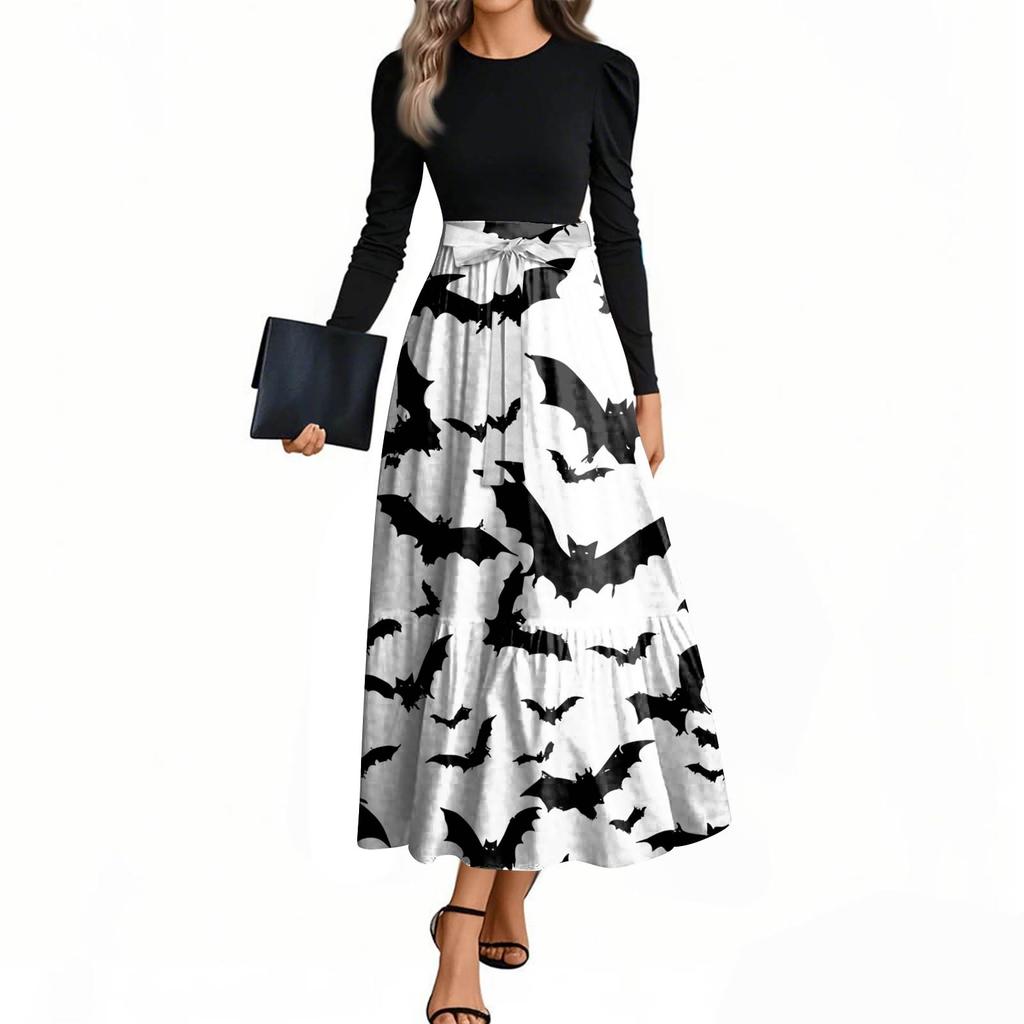 Women's Fashion Casual Belted Long Sleeve Round Neck Halloween Printed Elegant Temperament Dresses