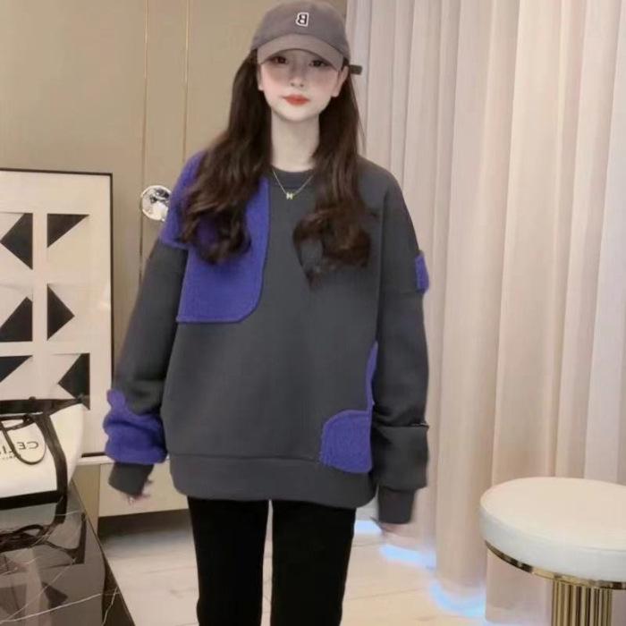 

Корейская версия Зимний Плюс Бархат Утолщенный Универсальный Новый Свободный Дизайн Контрастный Цвет Пуловер Круглый Вырез Толстовка для Женщин 2XL фиолетовый