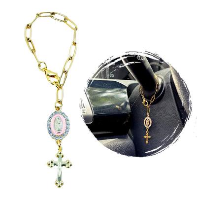 Direksiyon Pembe Tekerlek Tesbih Boncuklu Zincir Araba Haçı Dekoratif Otomatik İç Aksesuarları Kadınlar Erkekler İçin J4P6