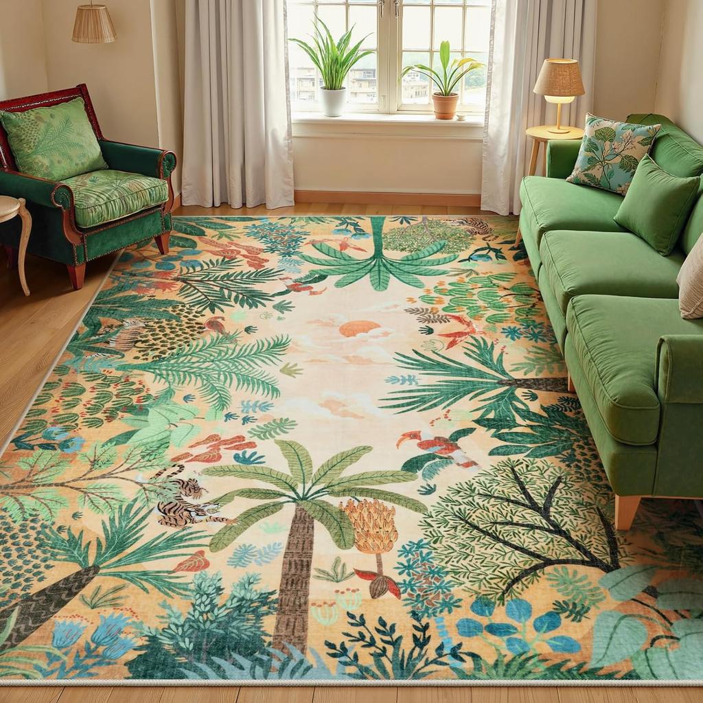 Jungle Themed Carpet Plant Print Rugs Living Room Non-Slip Home Decor Mat for Living Room Bedroom and Entryway Doormats