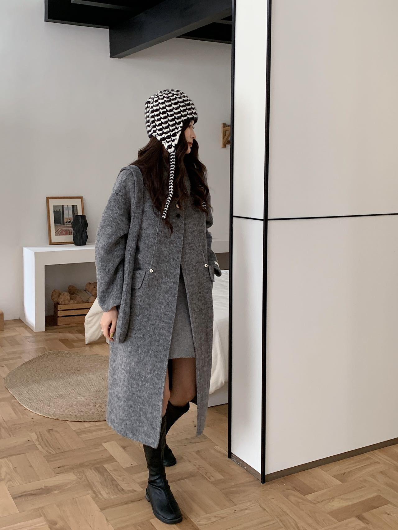 

Шерстяное пальто средней длины 2025: Женское однобортное пальто с приспущенным плечом, лацканами, в корейском стиле, осенне-зимняя мода M