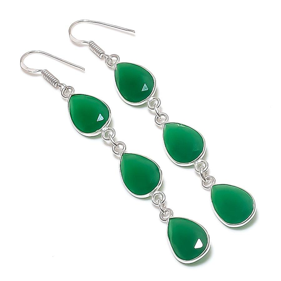 

Натуральный зеленый оникс драгоценный камень ручной работы 925 стерлинговое серебро серьга 3.15 L0a55