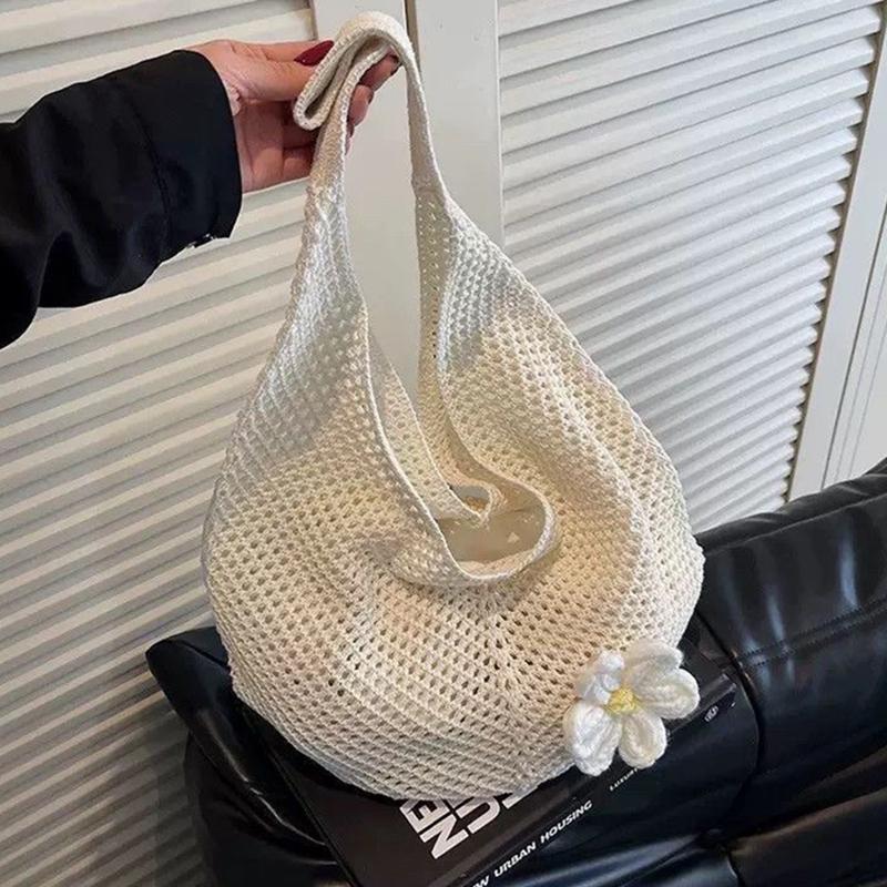 Women's Casual Hollow Out Wicker Woven Ladies Handmade Totes Bag Large Capacity Summer Beach Floral Decor Female's Shoulder Bag