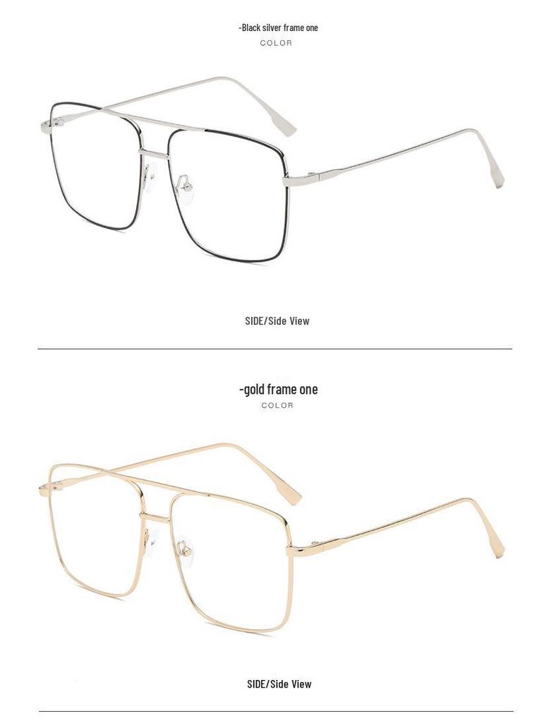 Double-Bridge Retro Metal Square Eyeglasses with Large Frame and Flat Lens