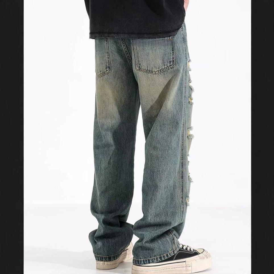 American summer ripped jeans men's new loose straight men's wide-leg jeans