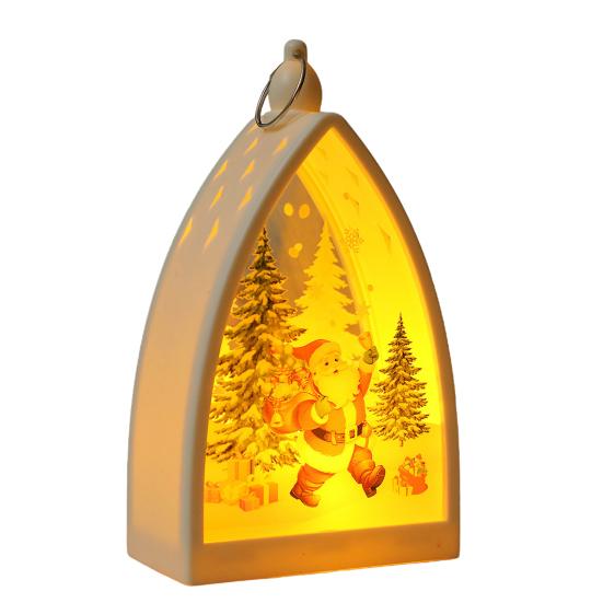 Vintage Christmas Ornament House Shape Santa Claus Deer Snowman Statue Night Light Glowing Decoration