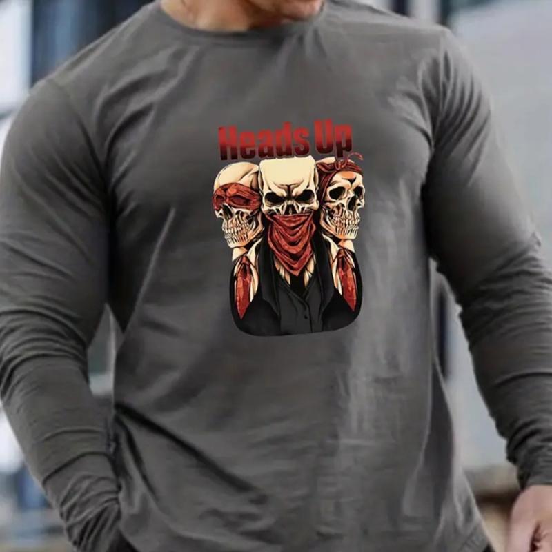 Creative Skull Print Men's Tshirts Long Sleeve Tees Round Neck Casual Pullover Men's Clothing Plus Size