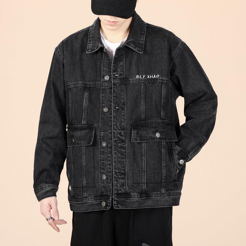 Men's Black Embroidered Loose Denim Jacket - Casual Autumn Plus Size Workwear