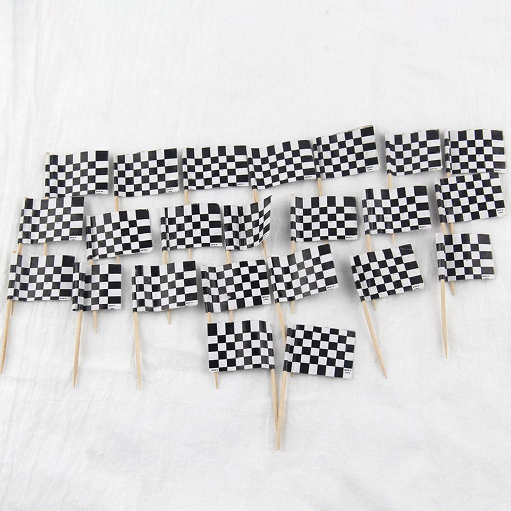 24Pcs Bamboo Checkered Flag Cake Toppers Food Safe Dessert Picks For Wedding Birthday Party Cupcake Cake Decorating