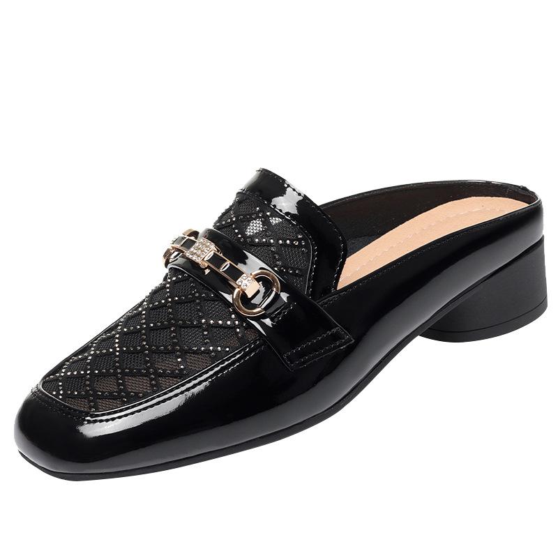 Fashion Lady Elegant Black Pu Soft Leather Spring Slip On Square Heel Shoes For Spring Summer Luxury Brand Hollow Breath Solid Shoes