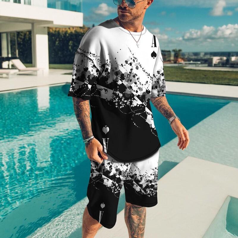 Summer Spliced Color Beach Style Men's Casual Fashionable Comfortable Loose Short Sleeved Two-piece Sport Wear