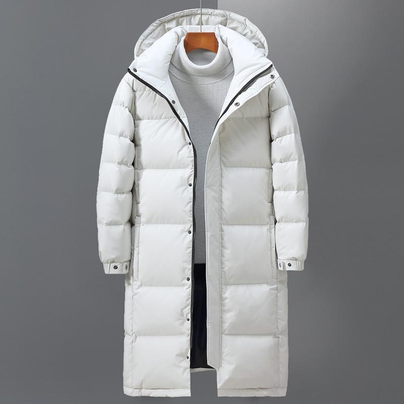 Herren-Daunenjacken, weiße Entendaunen-Pufferjacke, Winter, neues Outfit, warmer Parka mit Kapuze, verdickter Mantel, langer knielanger Herrenmantel