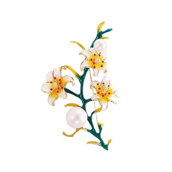 Lily Pearl Enamel Brooch: Elegant Women's Luxury Corsage Pin Accessory