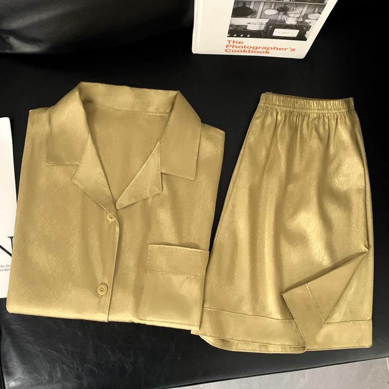 Solid Color Light Luxury French Ice Silk Pajamas Women'S Summer Fashion Short-Sleeved Loungewear Set