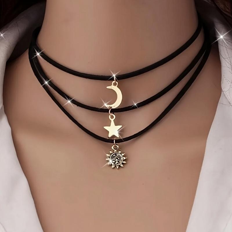 piece elegant vintage copper celestial necklace set, sun, moon and star pendants, women s layered cord neck jewelry 3-piece set