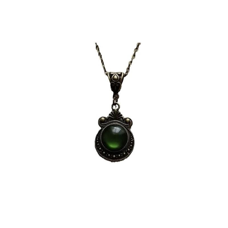 Geometric Gothic Bronze Green Stone Pendant Necklace With Cross Chain For Women