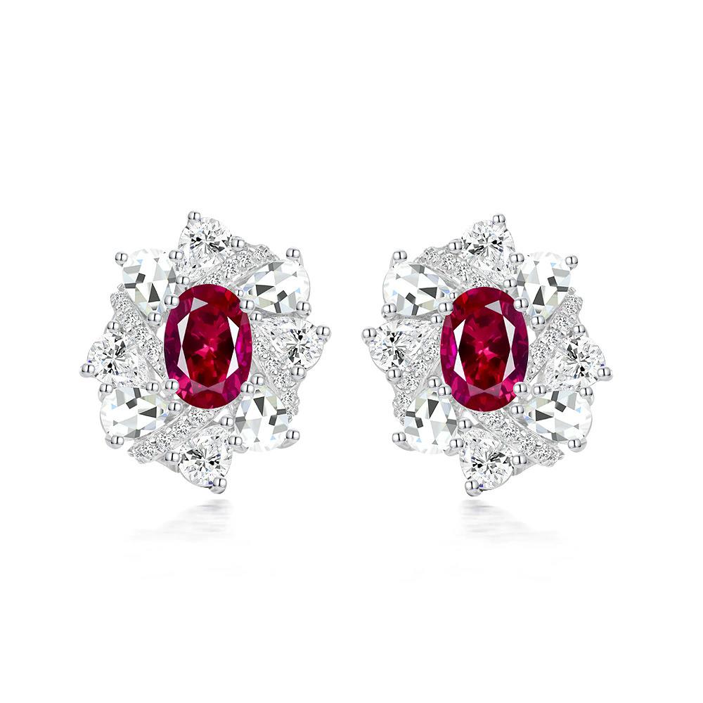 WUIHA Vintage 925 Sterling Silver 6 * 8 MM Sapphire Ruby Emerald High Carbon Diamonds Gemstone Ear Studs Earrings Fine Jewelry