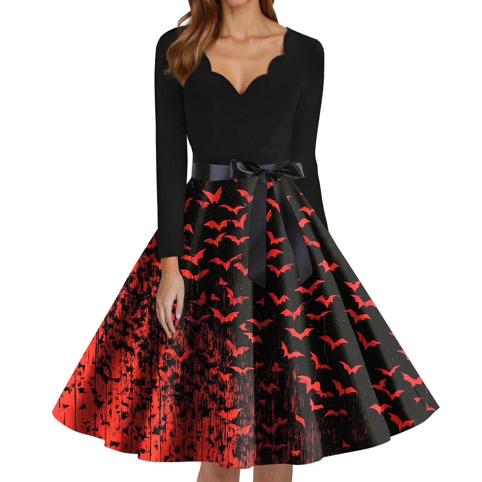 

Women s Fashion V-Neck Casual Slim Fit Halloween Printed Long Sleeve Dress S Кіновар